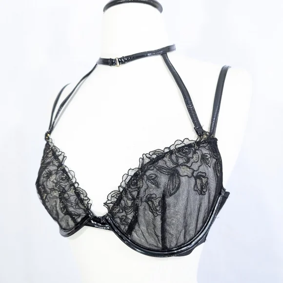 Victoria's Secret Very Sexy Demi Bra 34D New Sheer Low Cut Faux Leather Halter